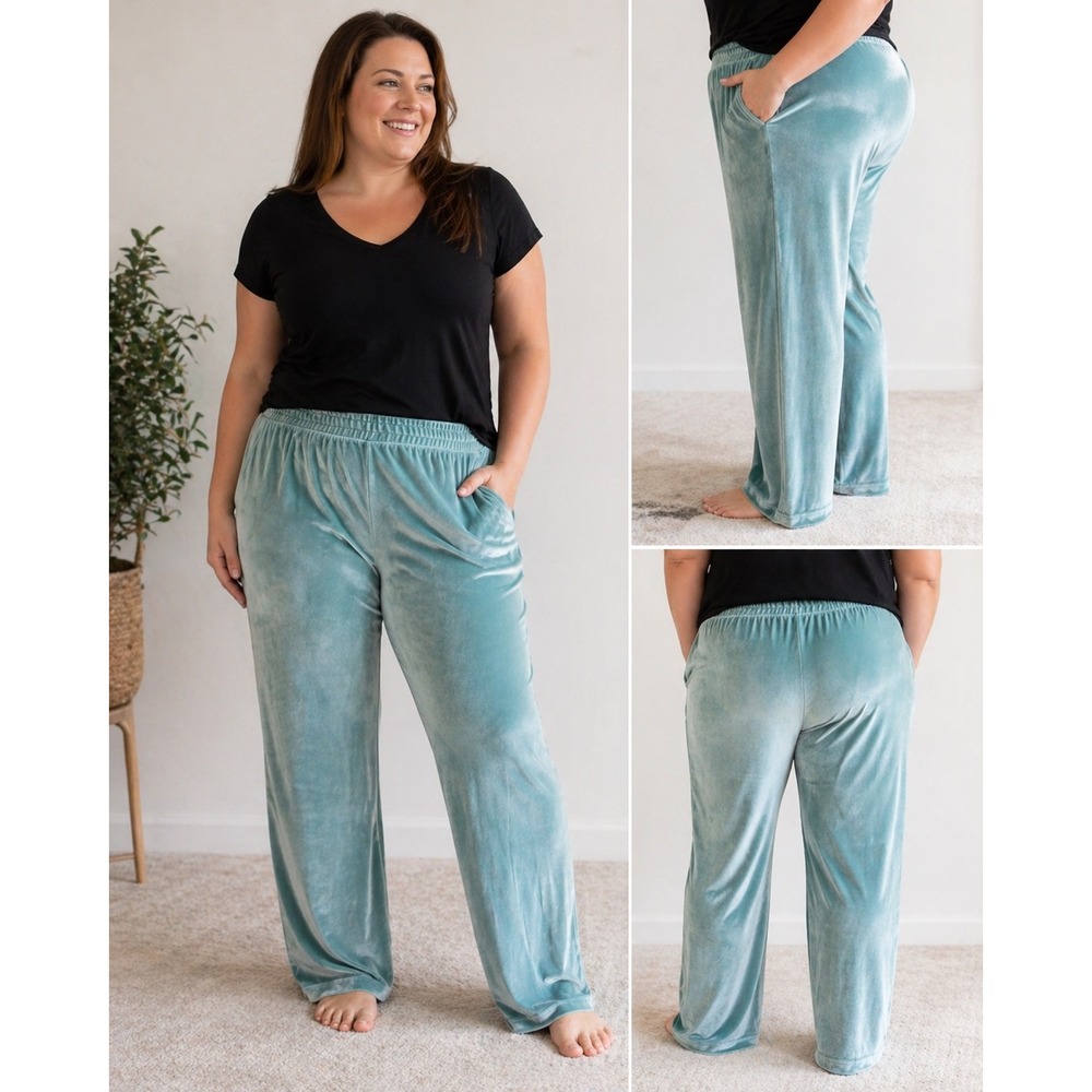 Isaac Mizrahi Live Women's Soho Regular Ribbed Velour Straight Leg Pant Teal 1XP